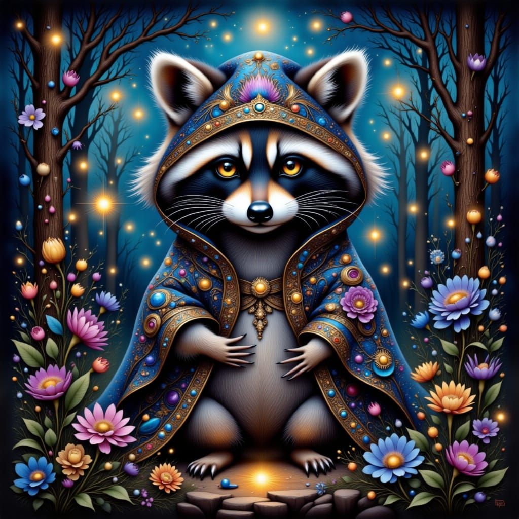 Raccoon in Cosmic Cloak Amidst Fireflies