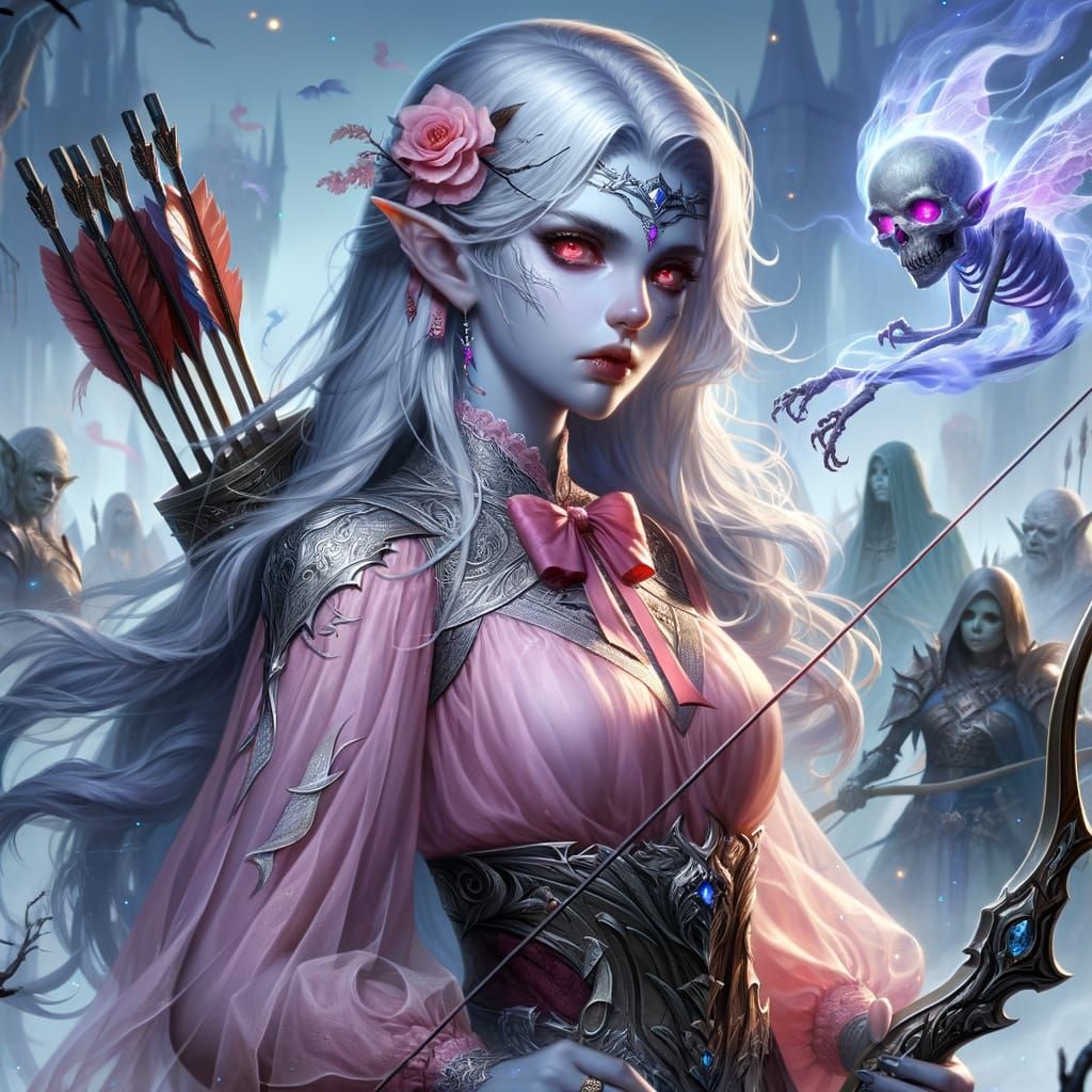 Undead Elf Archer in Pink Dress in Fantasy World