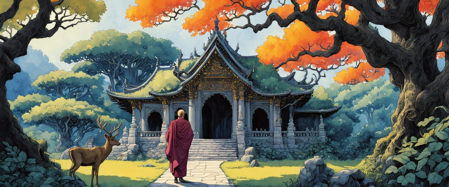 Rainforest Temple Scene in Watercolor Style