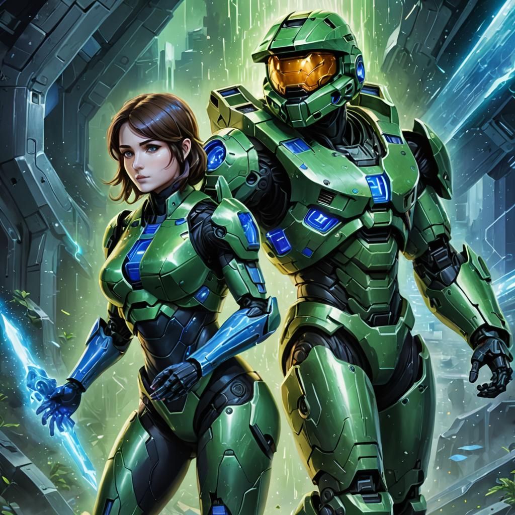 Master Chief and Cortana in anime style. Master Chief in his...