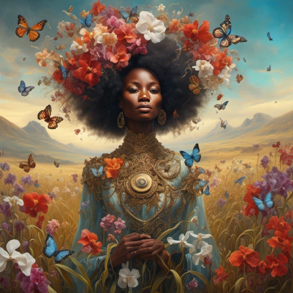 Melanin Woman in Orchid Field, Surreal Style