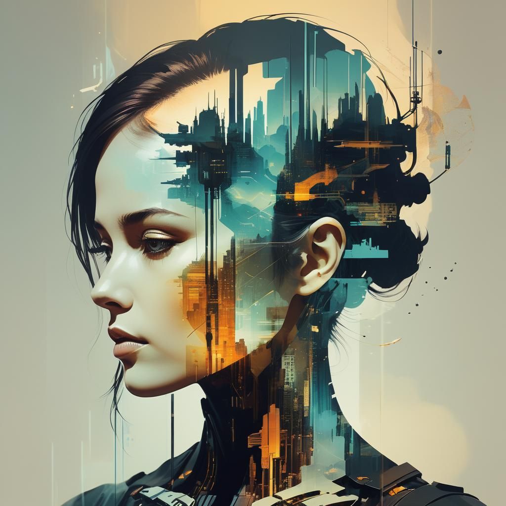 double exposure, ,silhouette with an aesthetic cyberpunk futurist dream in her mind