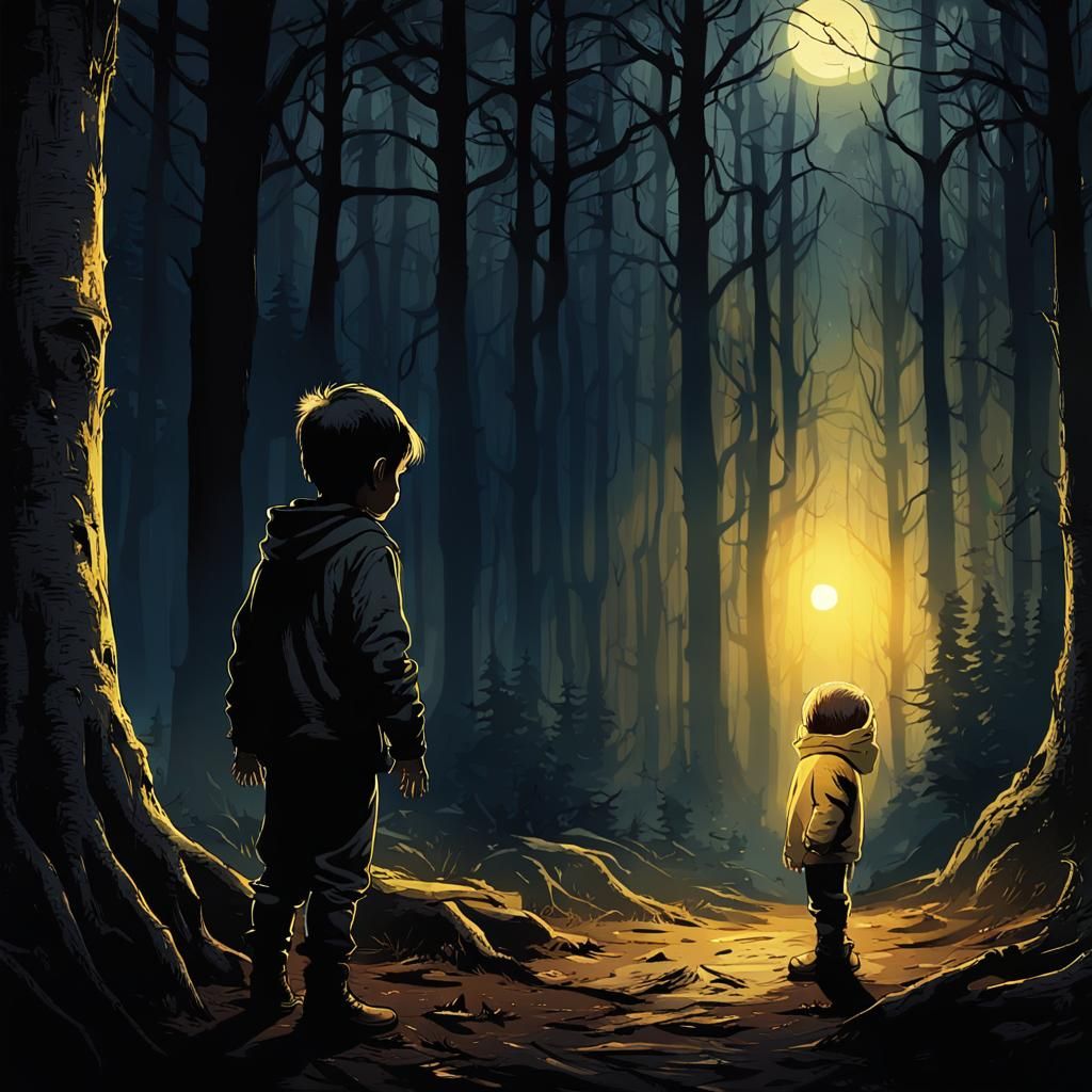 Child in Dark Forest with Mysterious Light