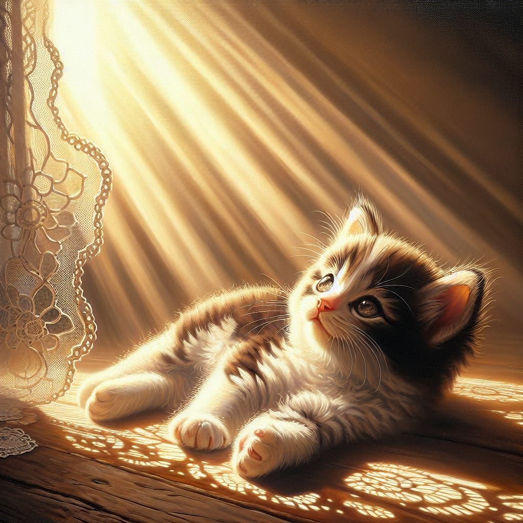 Sunbathing Kitten in Morning Light: Digital Painting