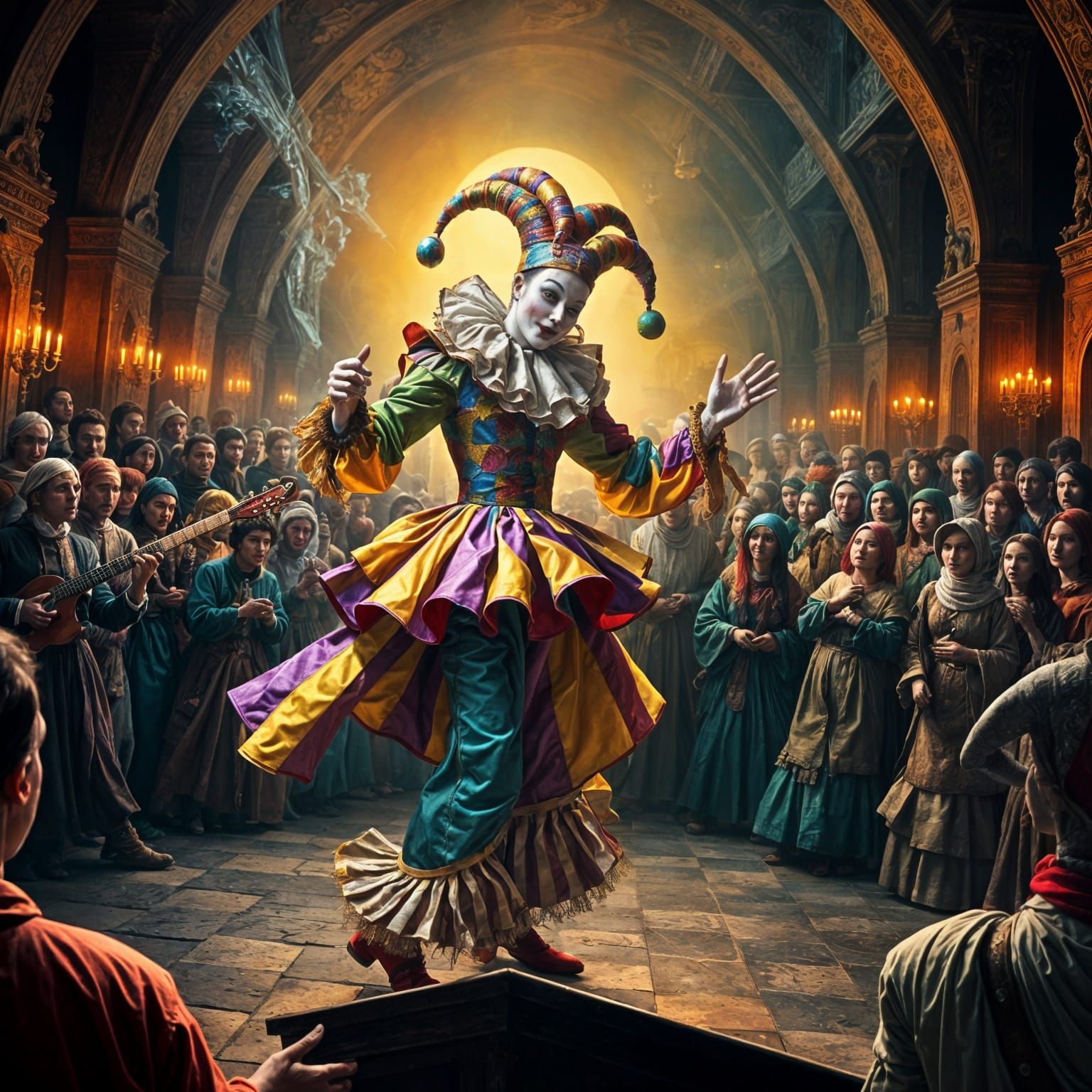 Surrealist Jester Thrills Medieval Crowd in Vibrant Digital....