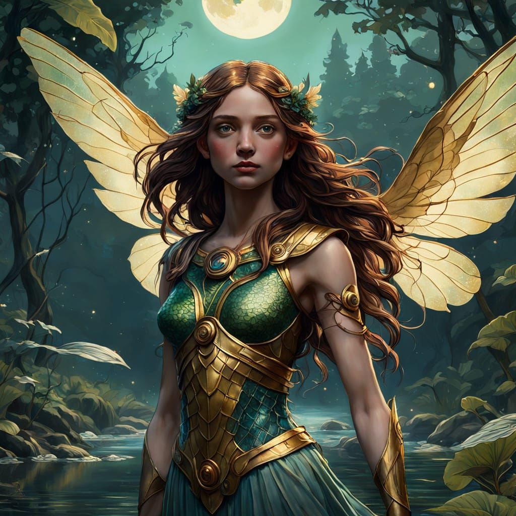 Ethereal Water Nymph in Lush Verdant Landscape