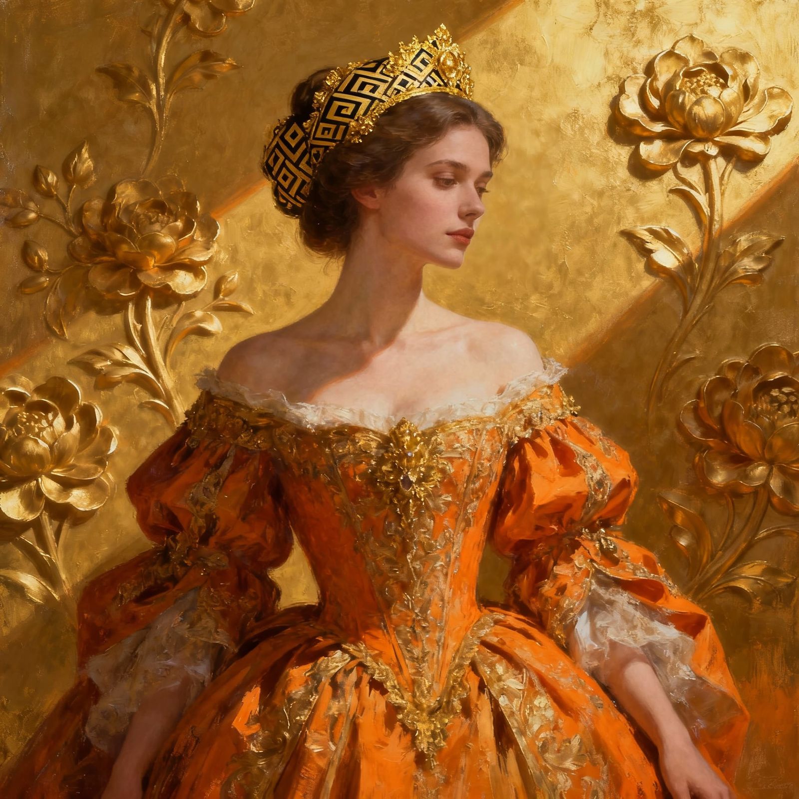 Elegant Woman in Ornate Historical Gown