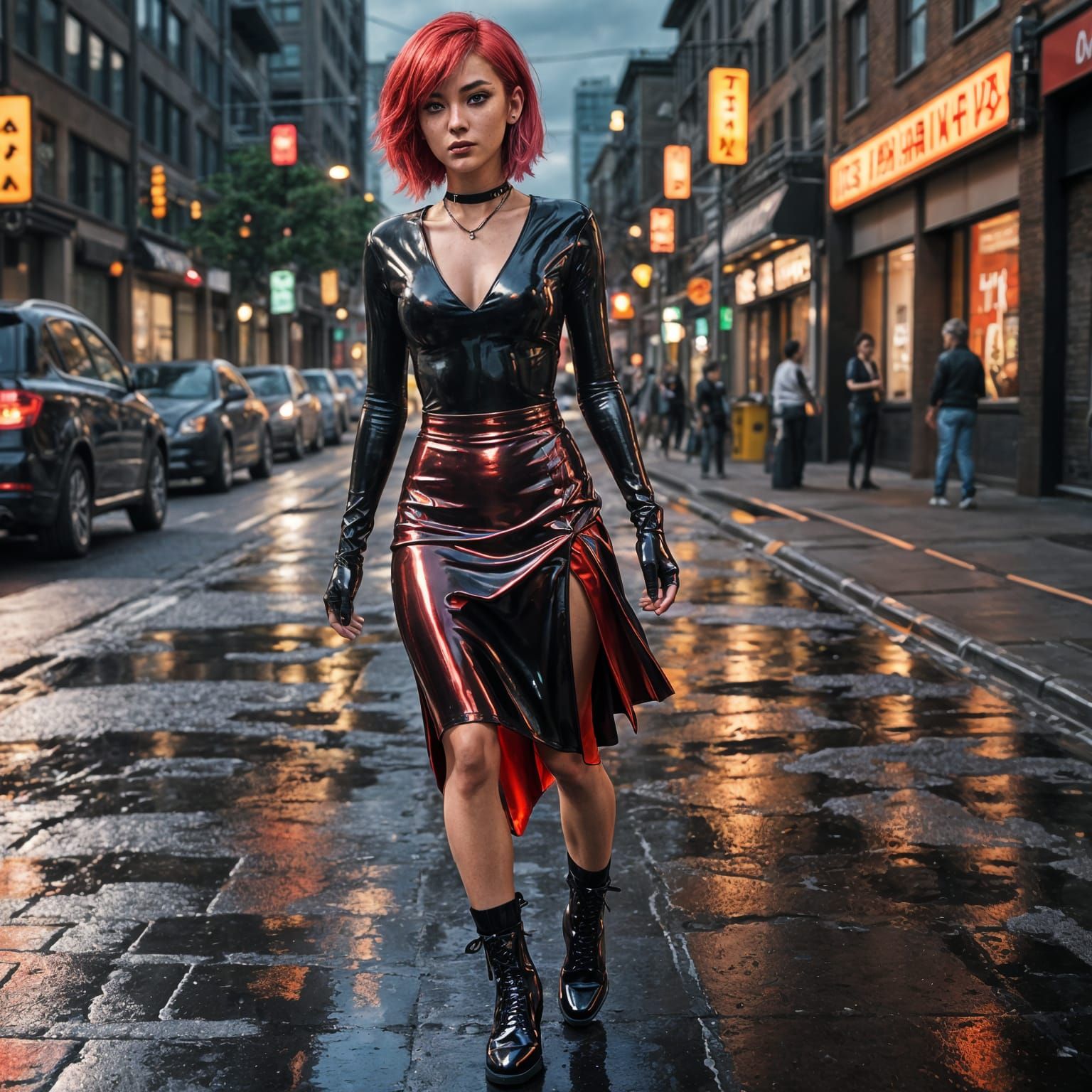 Anime Style Young Woman in Latex Cityscape