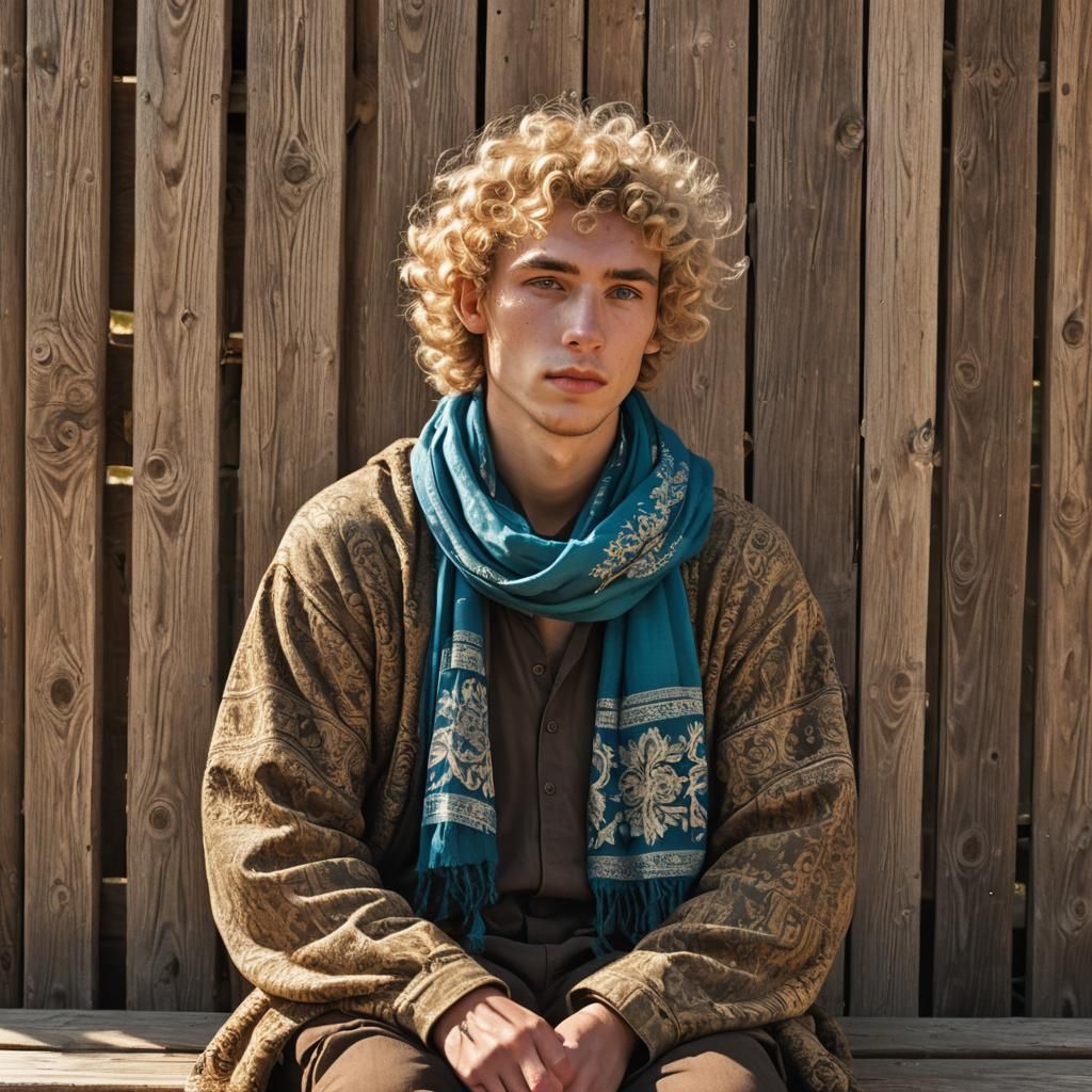Boy in Babushka Dress on Rustic Porch