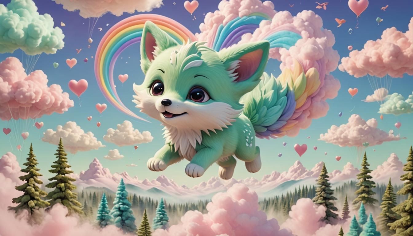 Pastel Nine-Tailed Fox Cub in Surreal 3D Style
