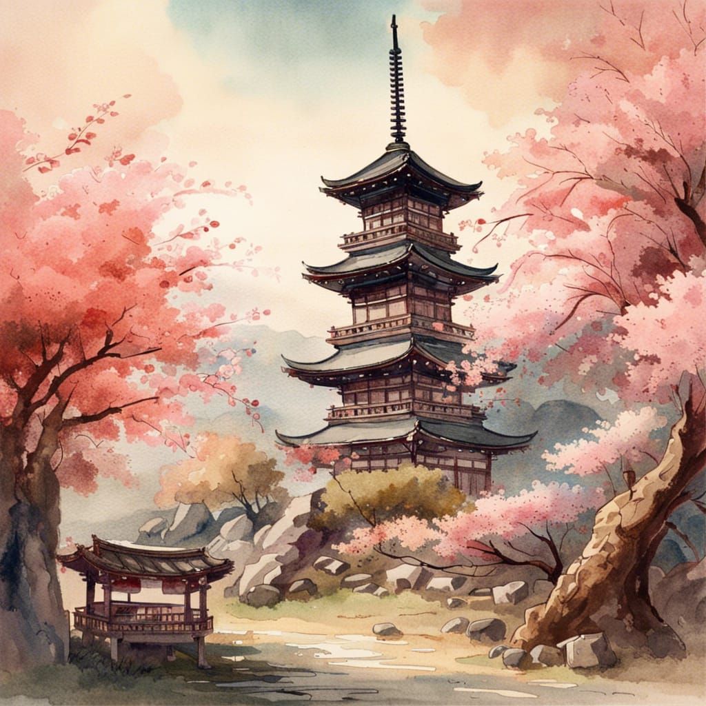 Grand Pagoda in Cherry Blossoms: Watercolor Painting