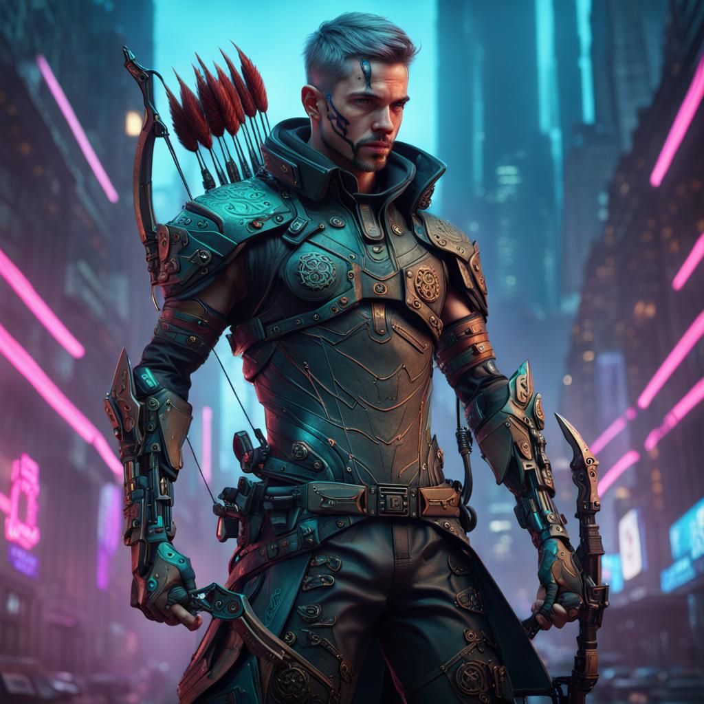 Cyberpunk Archer in Detailed Matte Painting