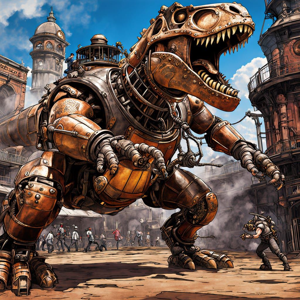 Steampunk Gladiator vs Robot Dinosaur in Arena