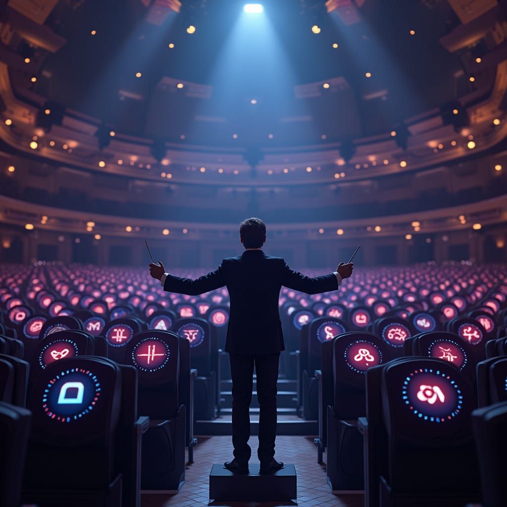 Majestic Conductor Leads Futuristic Orchestra