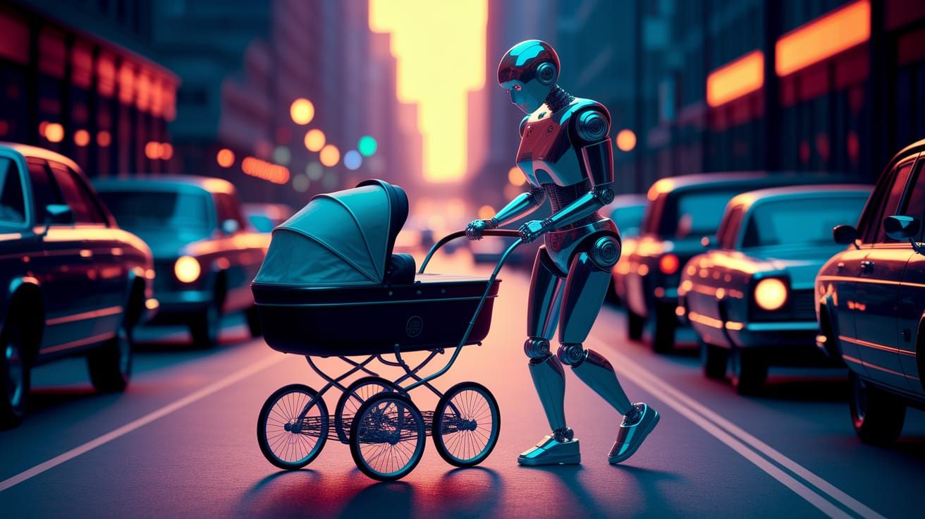 Robot Pushing Stroller in 1950s City Street