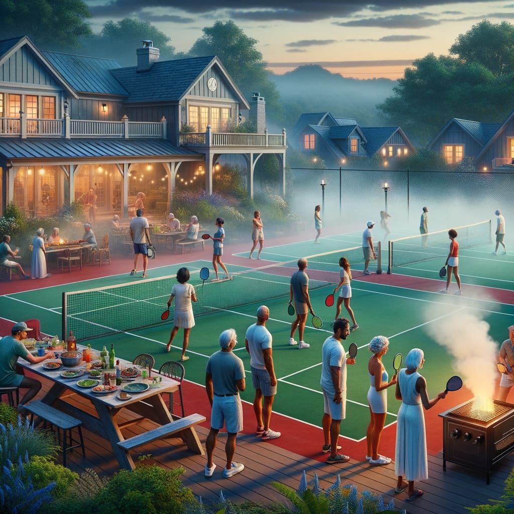 Diverse Group Enjoys Pickleball Game at Dusk