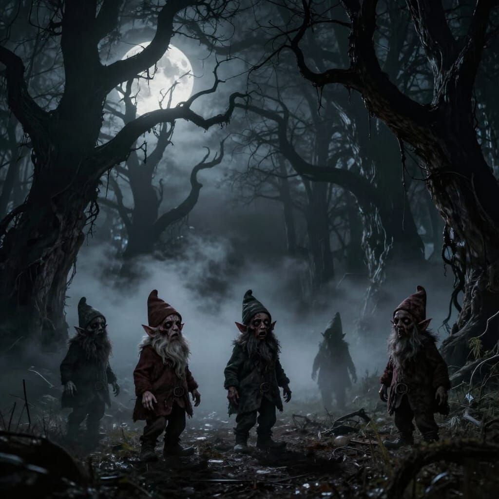 Zombie Gnomes in Moonlit Haunted Forest