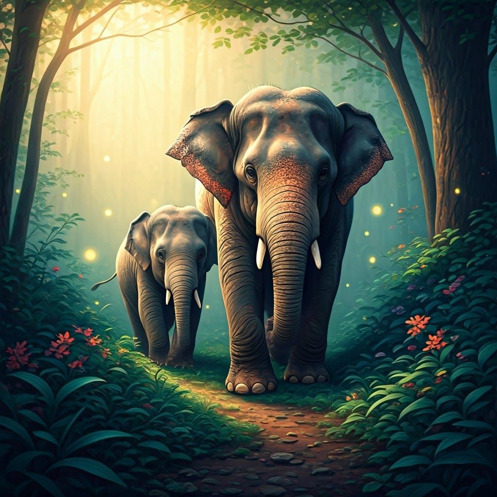 Ethereal Elephant Sisters in Mystical Forest