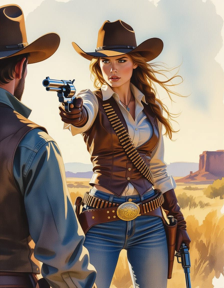 Gunslinger Standoff in Watercolor Style