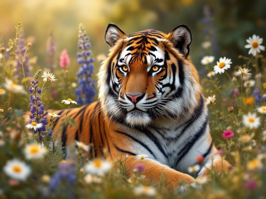 Majestic Tiger in Wildflower Meadow, Storybook Illustration