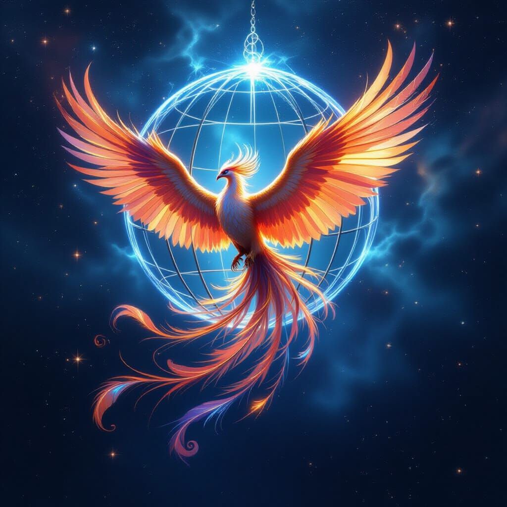 Cosmic Phoenix in Moonlight Cage in Deep Space