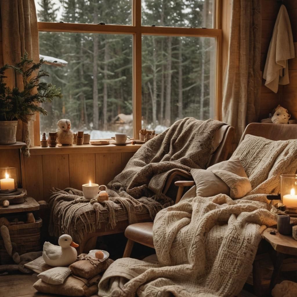 Inviting Cabin Interior with Warm Golden Lighting