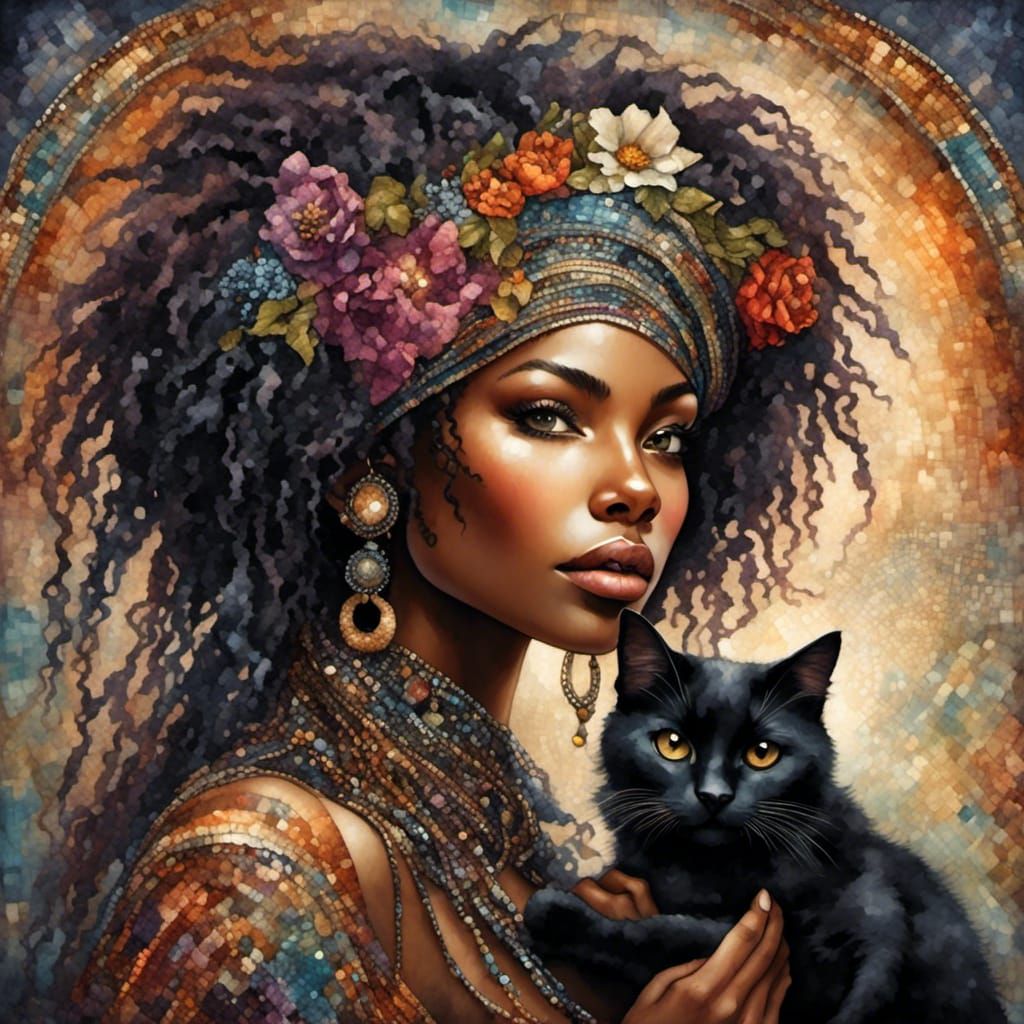 Tapestry of Black Cat and African American Woman