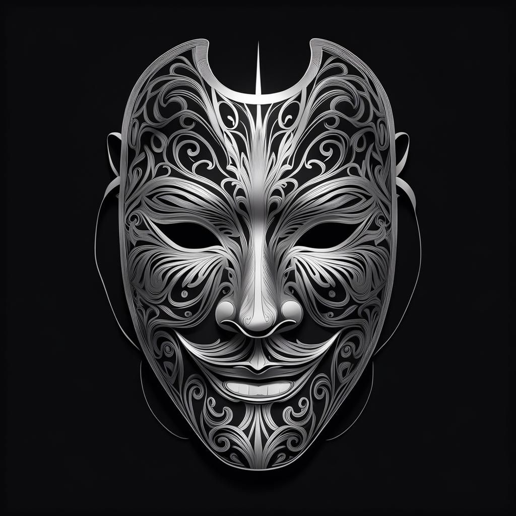 Minimalist Line Art Theater Mask on Black