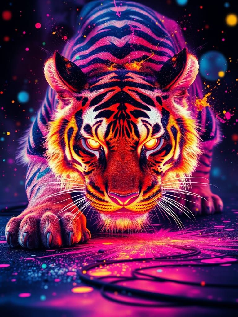 Vibrant Neon Cosmic Tiger in Anime Style