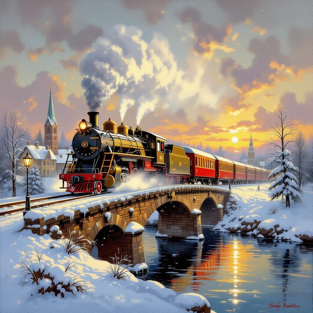 Golden Train Crossing Bridge in Winter Oil Painting