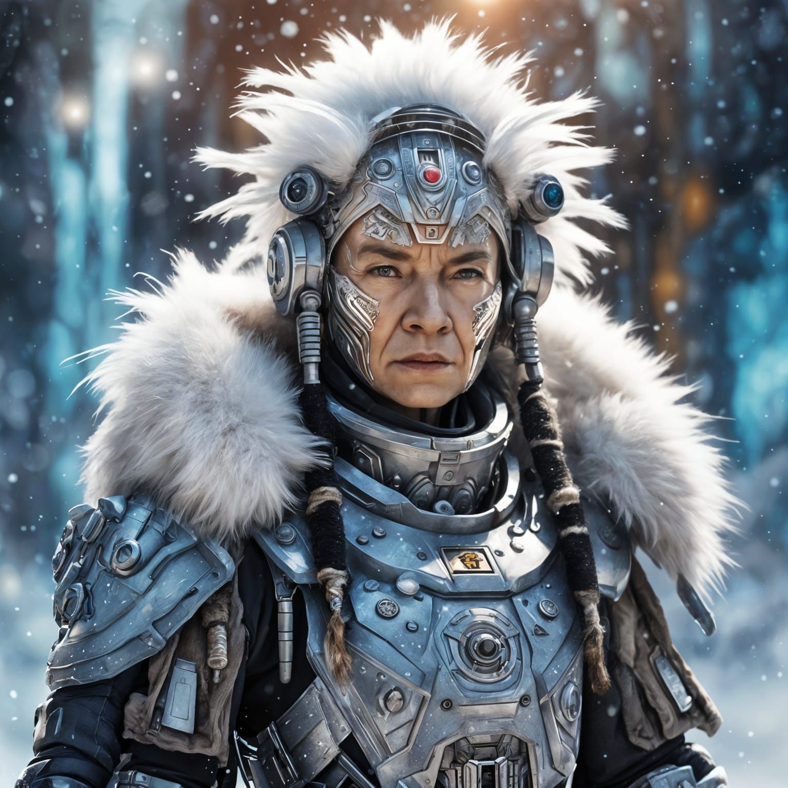 Cybernetic Elder Inuit Woman in Dystopian Armor