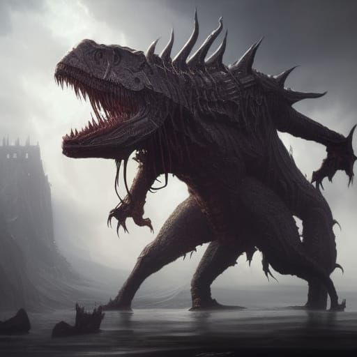 Horned T-Rex in Dark Fantasy Style