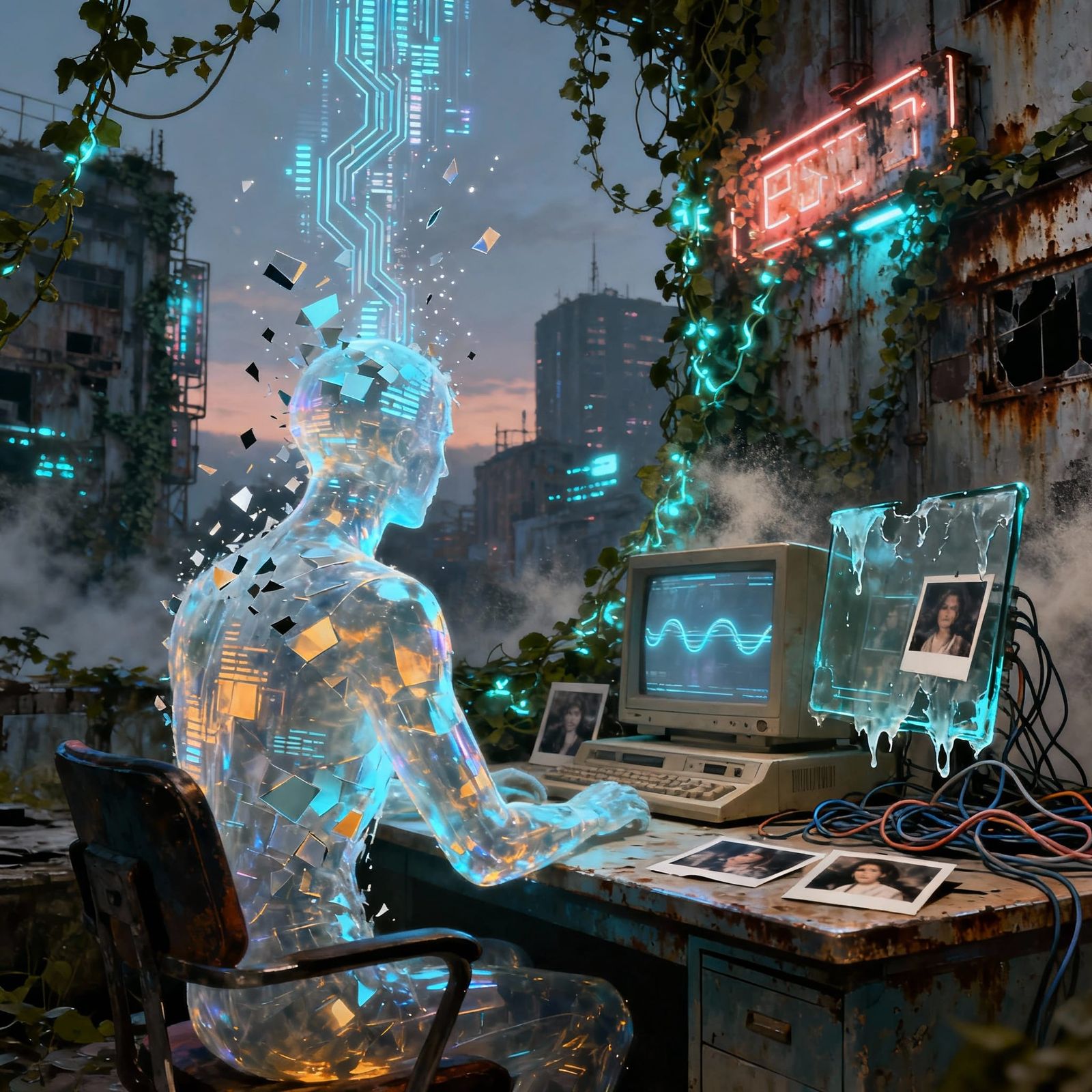 Holographic Figure Dissolving in Post-Cyberpunk City