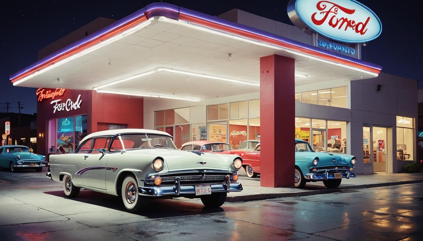 Ford Showroom at Night in Retro-Futuristic Style