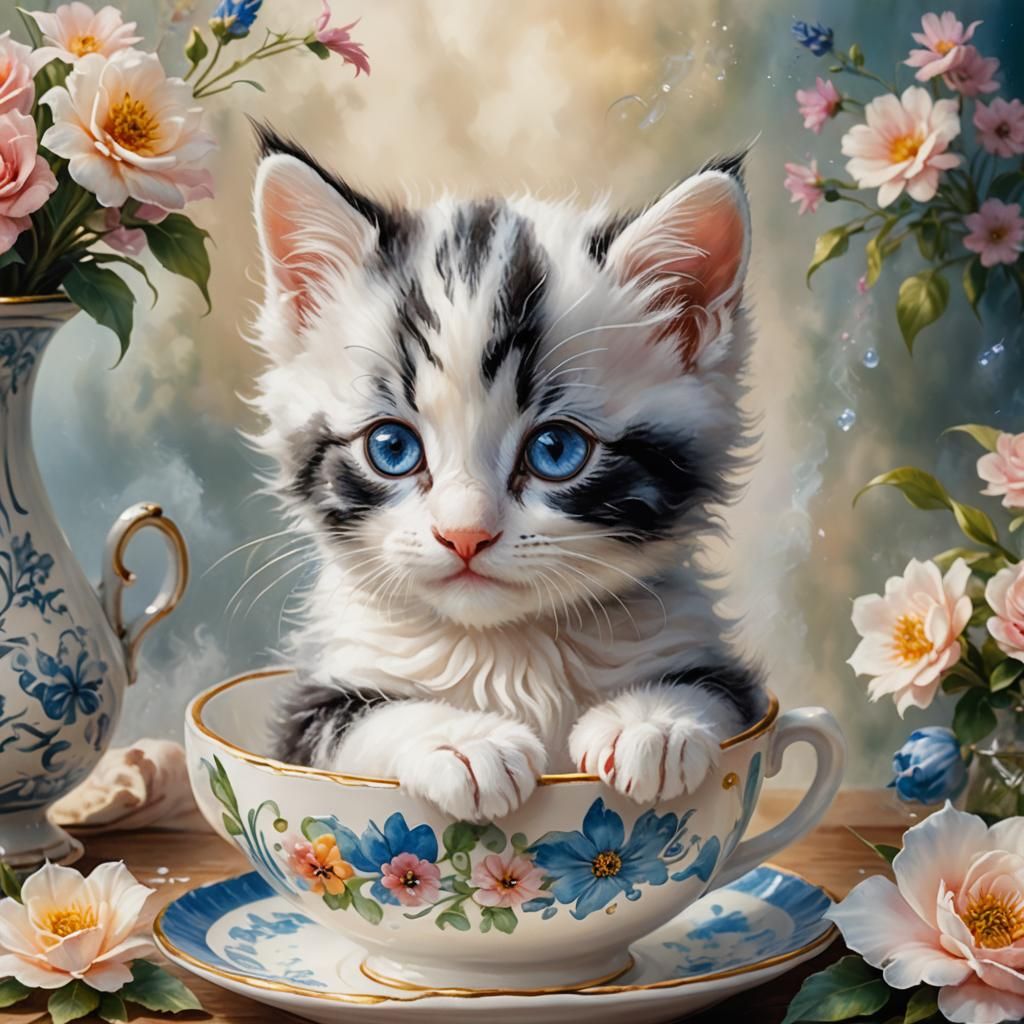 Kitten in Teacup: Ethereal Fantasy Oil Painting
