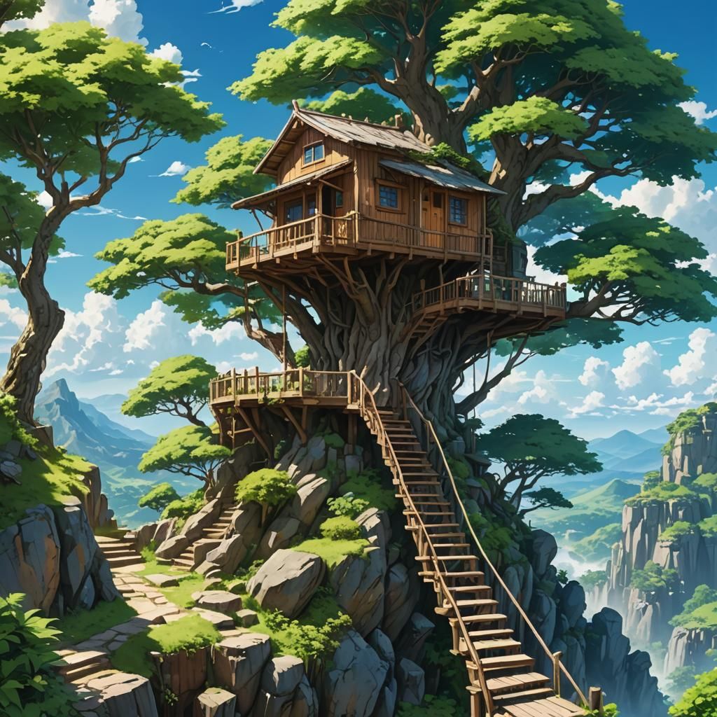 Anime Treehouse on Rocky Hill in Makoto Shinkai Style
