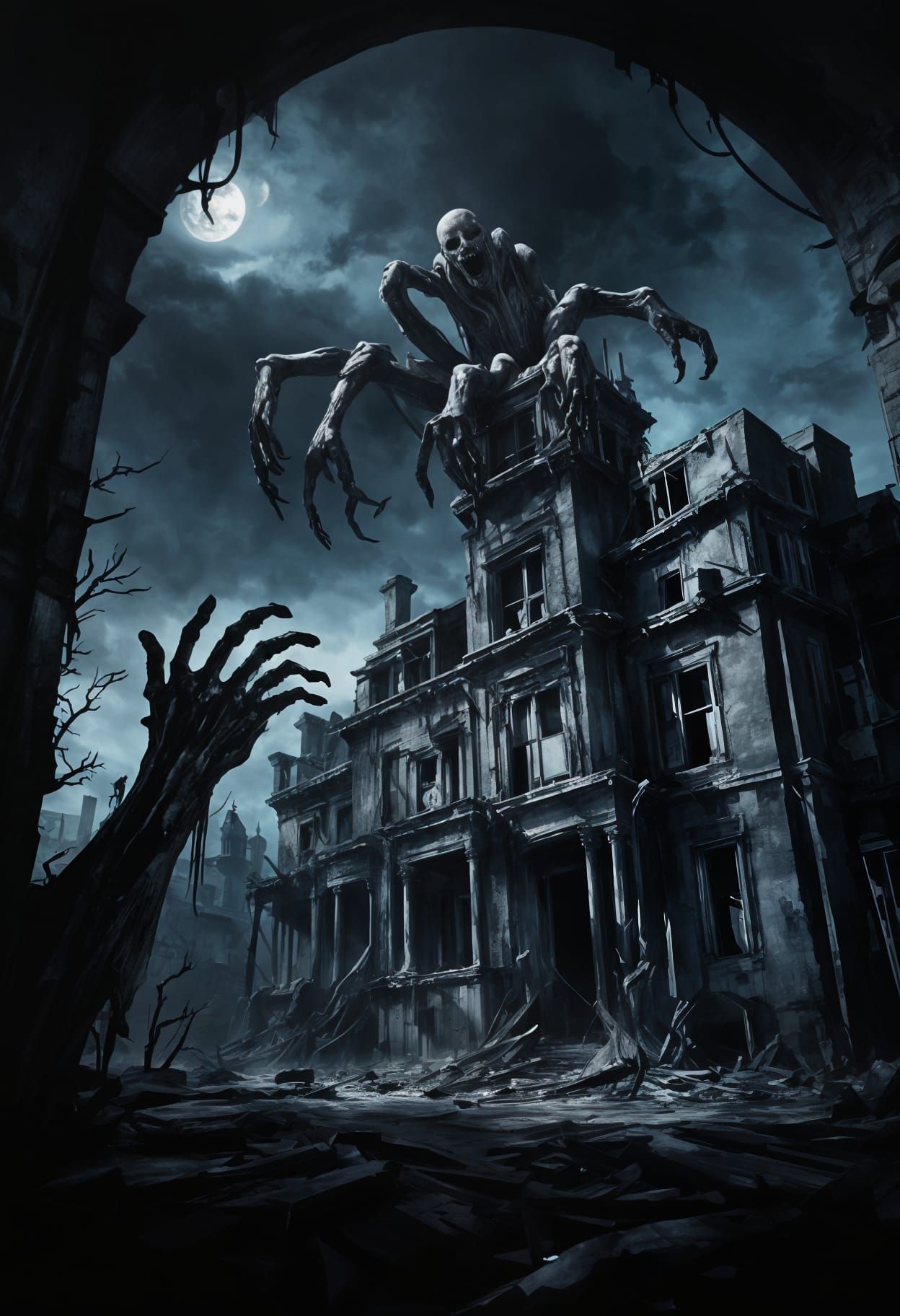 Abandoned Mansion Under Pale Blue Moonlit Sky Unveils Coloss...