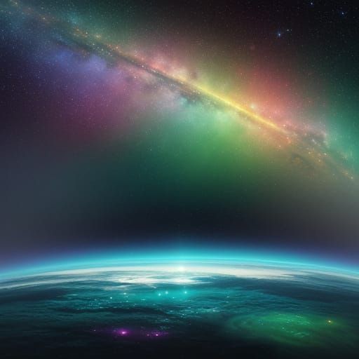 Celestial Rainbow Splashes Through Misty Alien Galaxy in Cos...