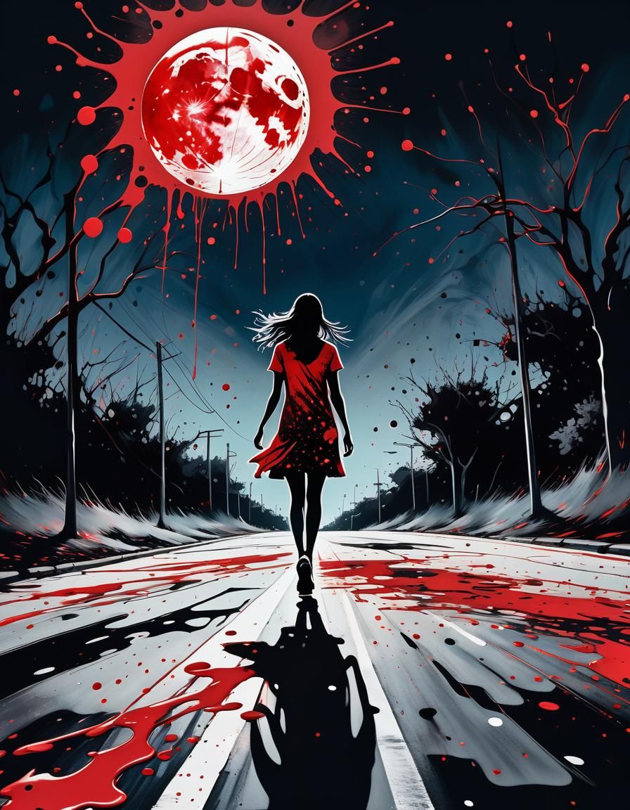 Ink Splatter Art: Girl Walking Under Moon