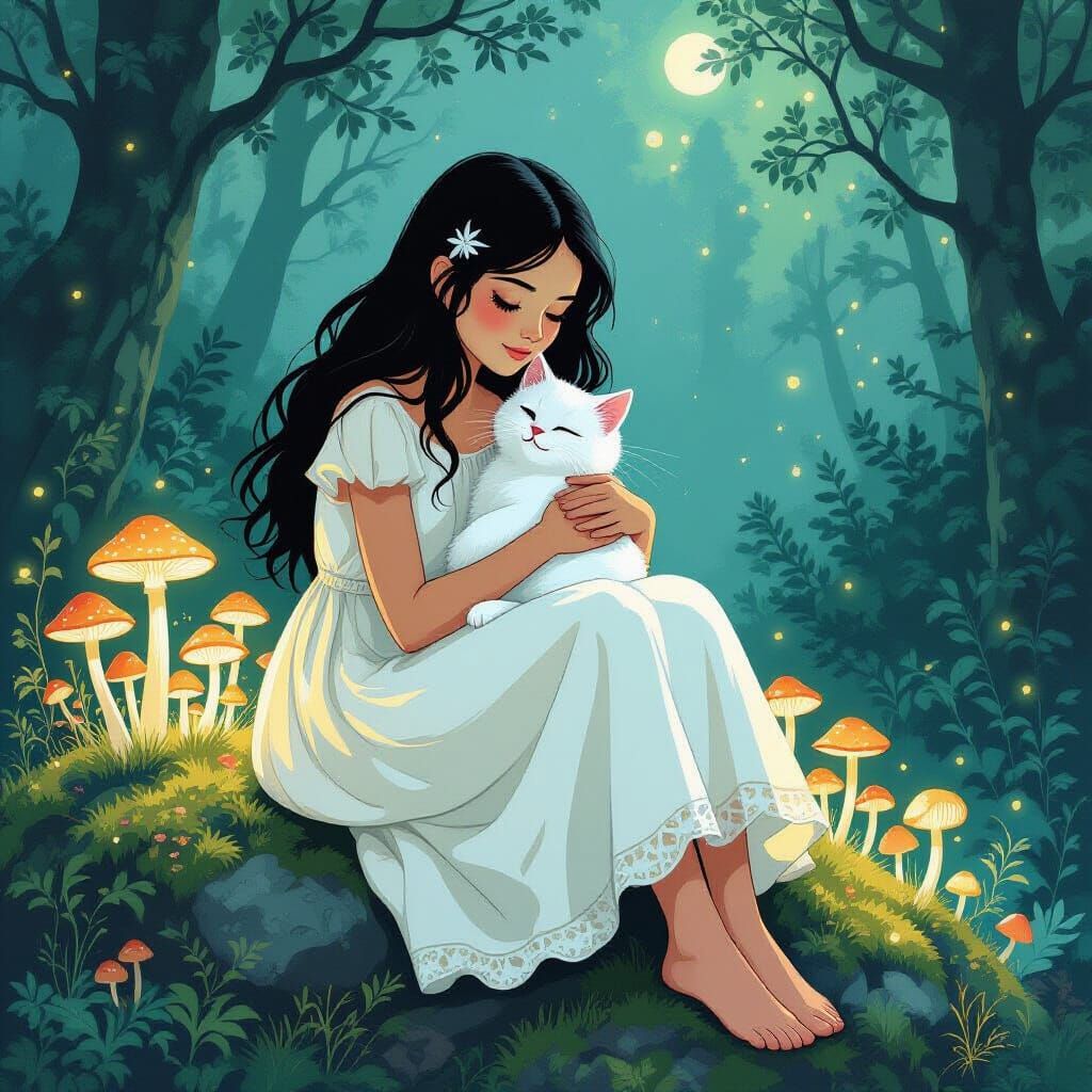 Girl with Cat in Bioluminescent Forest