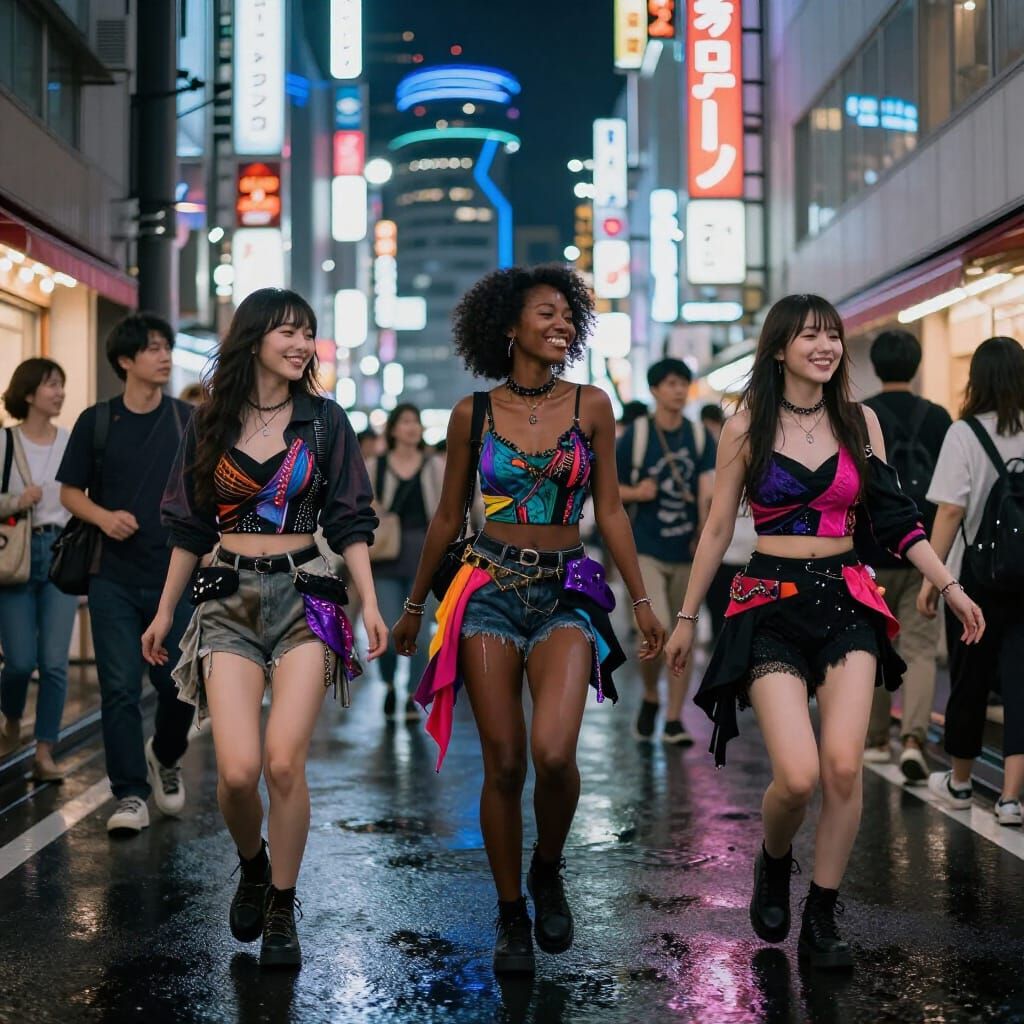Women Dancing in Neon Tokyo Street