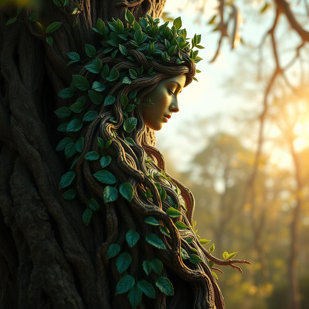 Woman Carved from Tree Trunk: Fantasy Art