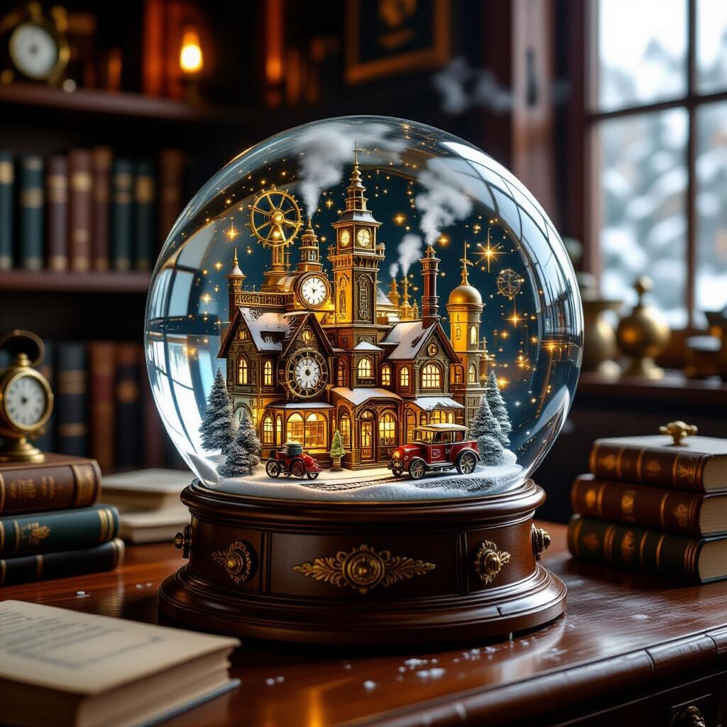 Steampunk City Inside Snow Globe, Photorealistic Digital Art