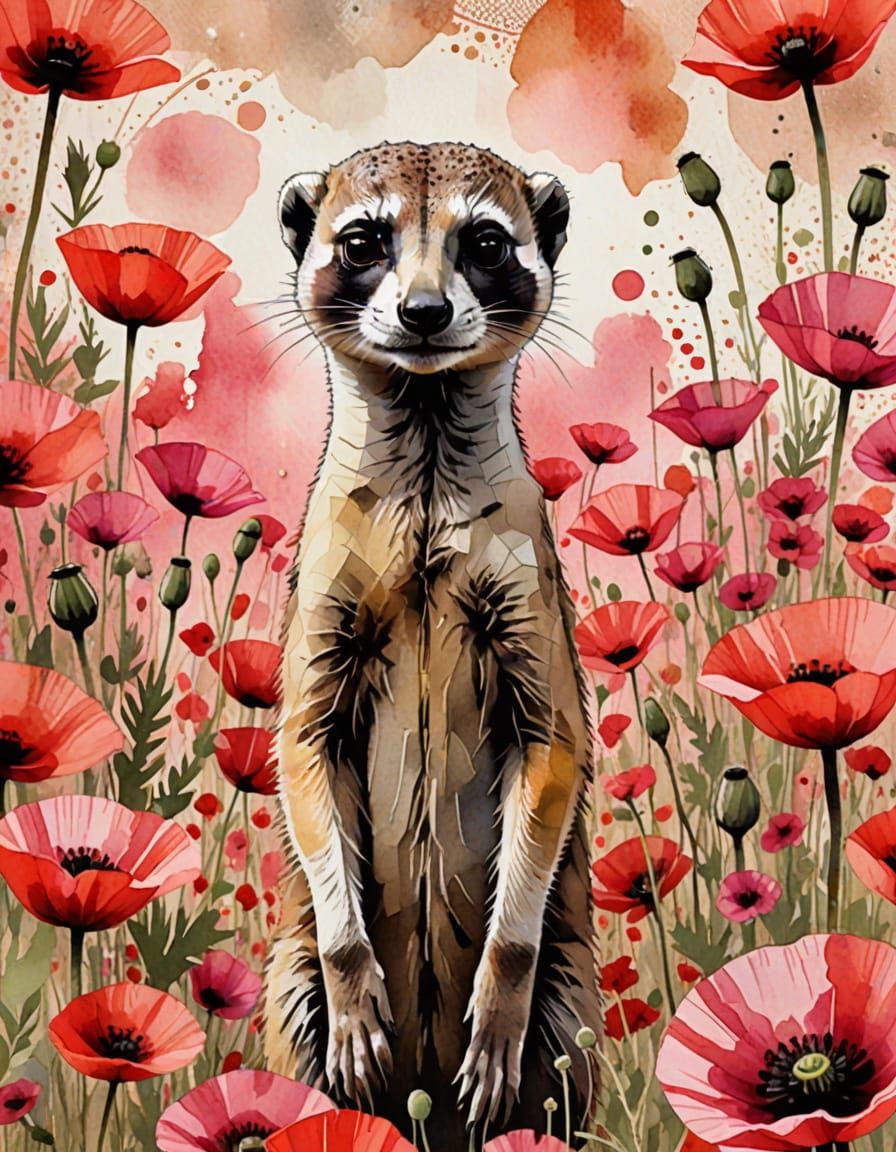 Meerkat in Poppies: A Mixed Media Illustration