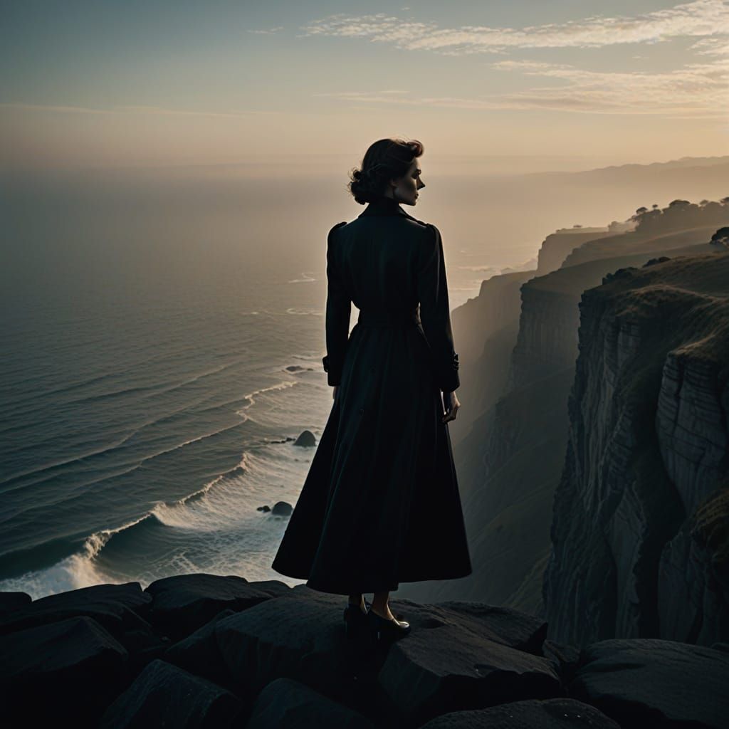 Elegant Woman on Windswept Cliff at Dusk in Film Noir Style