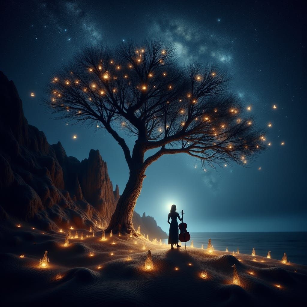 Cello Player Under Dead Tree on Starry Night