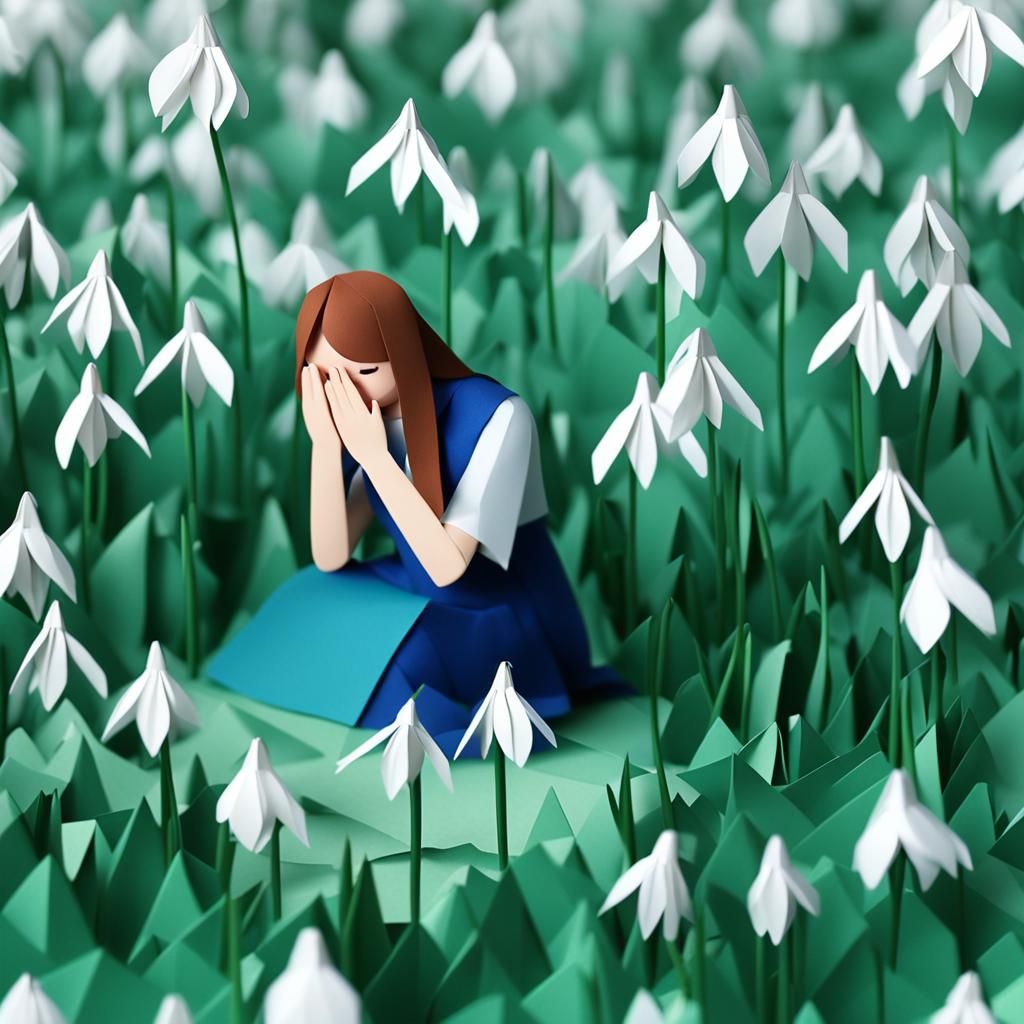 Woman's Tears Become Snowdrops in Origami Style