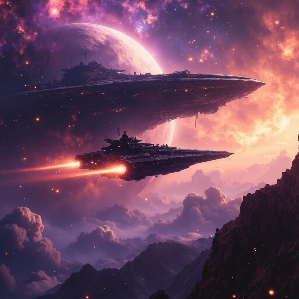 Futuristic Spaceship Meets Alien Battleship in Nebula