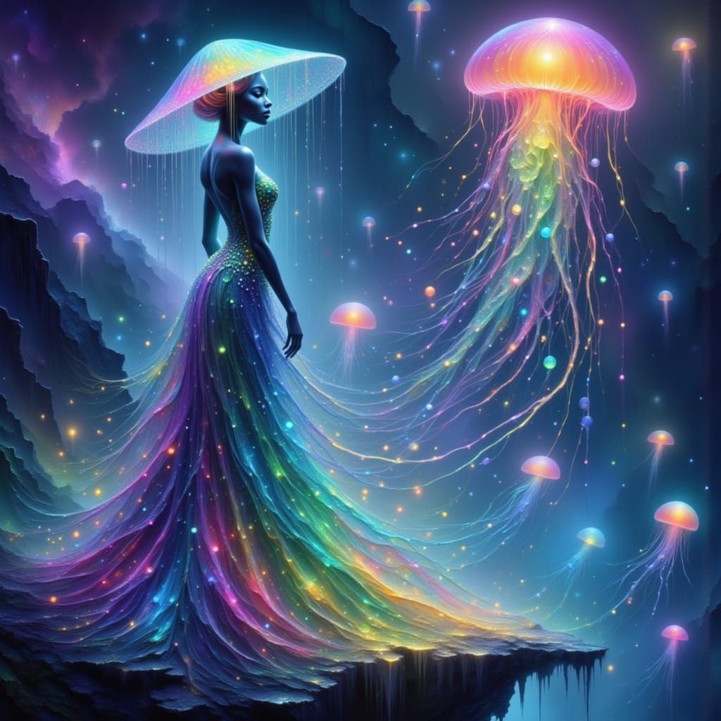 Alien Sorceress with Jellyfish Hat in Dreamlike Scene
