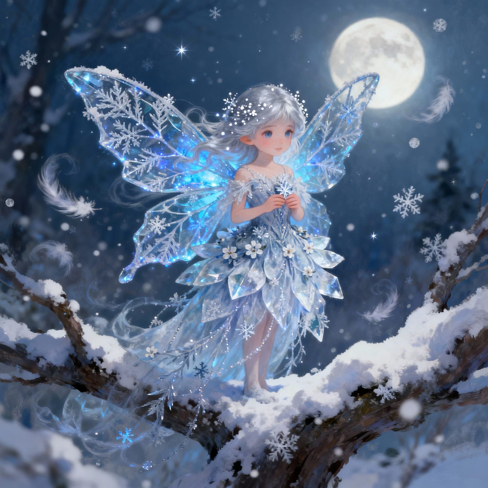 Winter Fairy in Moonlit Snowscape